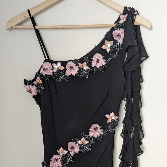 Vintage Cache Black Pink Silk Asymmetrical Floral Beaded Slip Dress - Picture 3 of 12